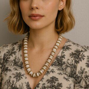 Handmade Tribal Disk Bead Necklace – Natural Fiber Cord, Earth-Tone Stripes 29in